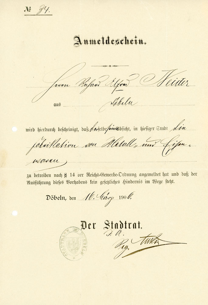 1906 Gewerbeanmeldung Fabrikation Metallwaren