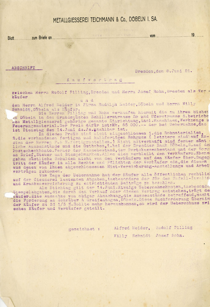 1921 Kaufvertrag Metallgiesserei Teichmann