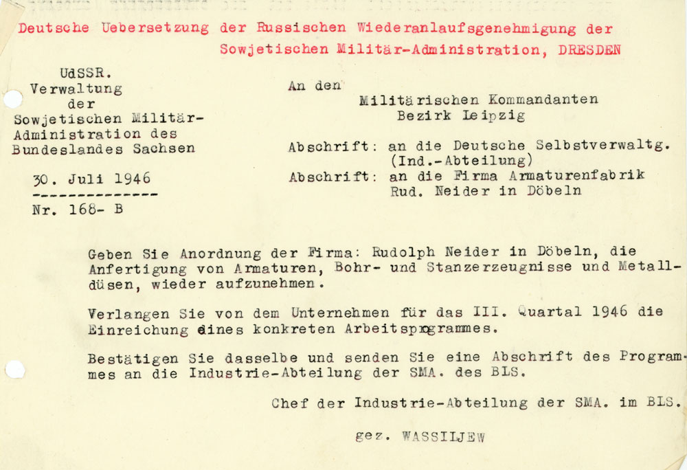 1946 Wiederanlaufgenehmigung Deutsch