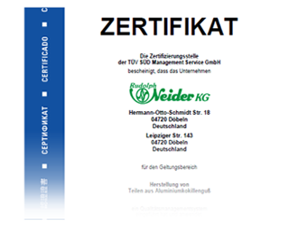 Zertifikat ISO 9001 Herstellung von Teilen aus Aluminiumkokillenguss